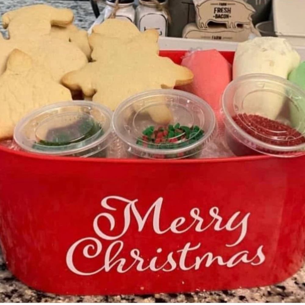 DIY Christmas cookie decorating kit in a Christmas bucket